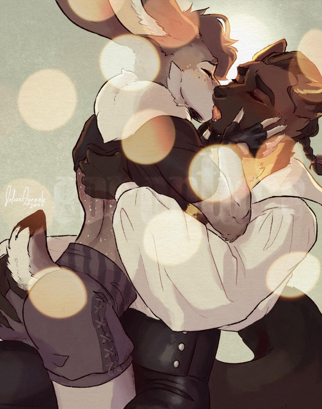 Honeyed kiss Furry illustration of a freckled hare kissing a pine marten.